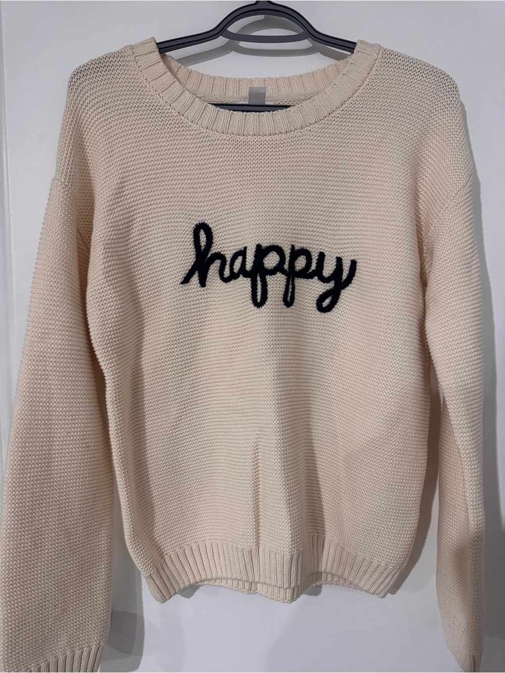 Joe Fresh Cream Sweater with Black "happy" Script